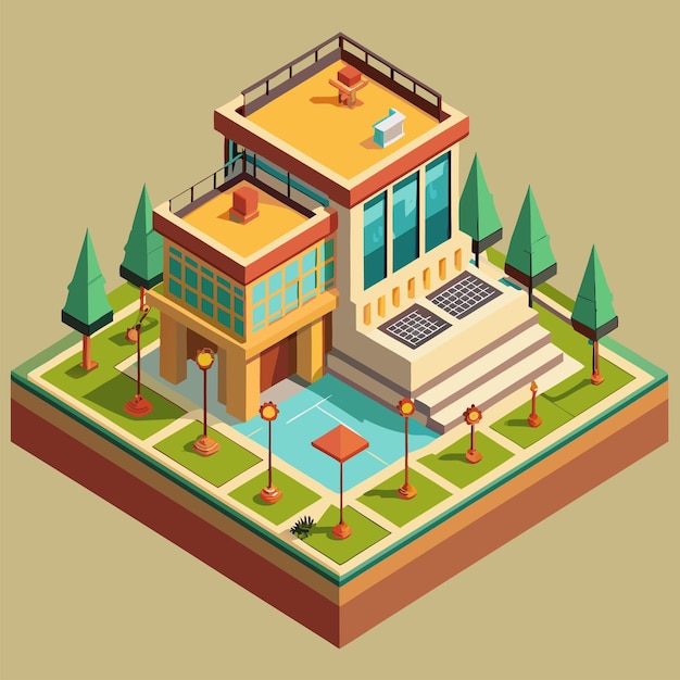 Vector a cartoon illustration of a water park with a pool and a house