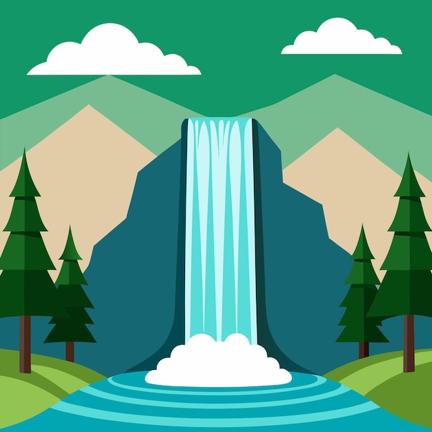 Vector a cartoon illustration of a waterfall with trees and mountains in the background