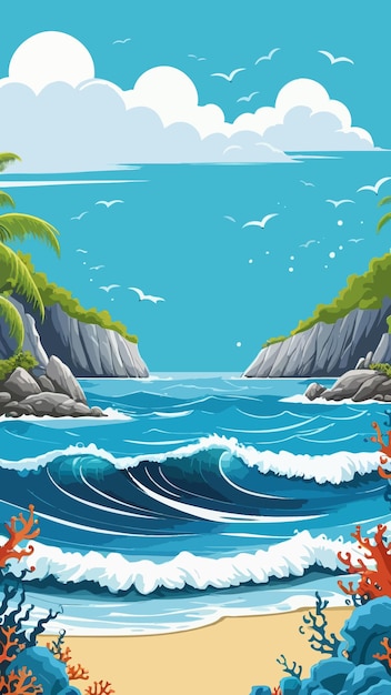 Vector a cartoon illustration of a wave and the ocean with the ocean in the background