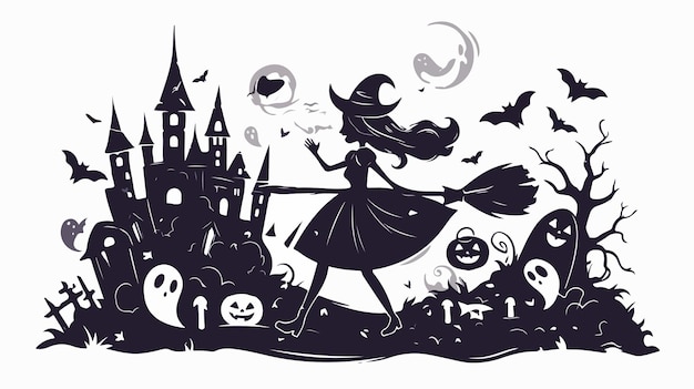 a cartoon illustration of a witch flying over a spooky castle with a witch on it