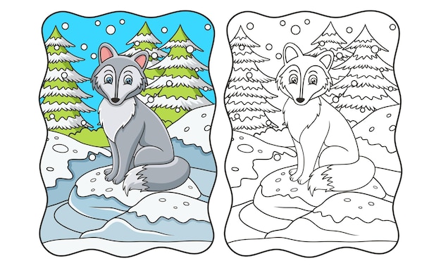 Cartoon illustration The wolf is sitting on a big rock covered in snow in winter book or page for kids