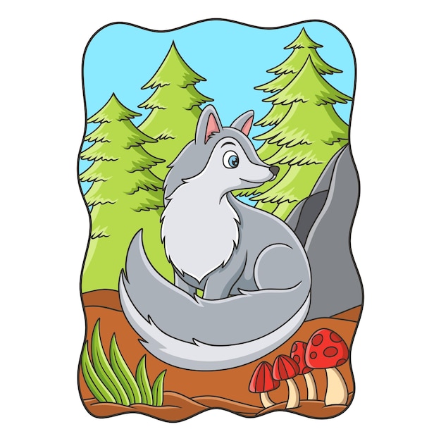 Cartoon illustration The wolf is sitting relaxing in the middle of the forest and looking back as if someone is watching him