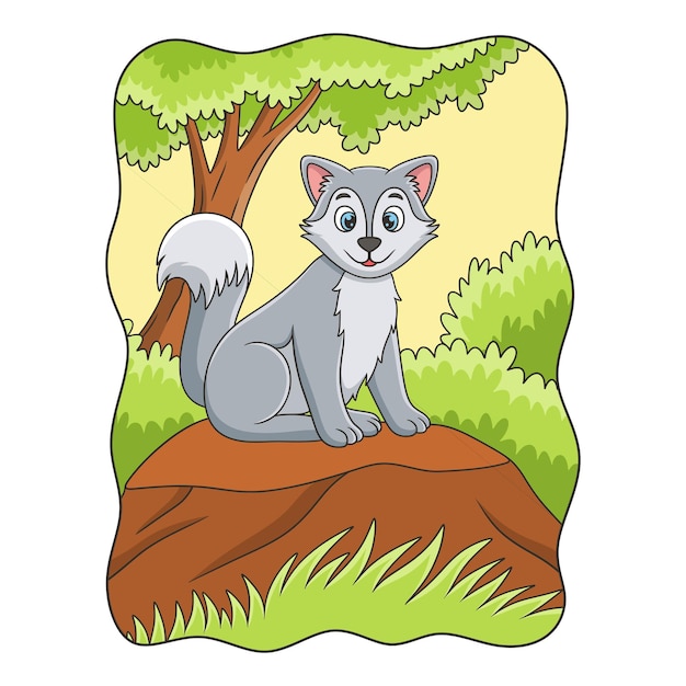 Cartoon illustration a wolf sitting coolly on a cliff under a big tree to enjoy the morning air