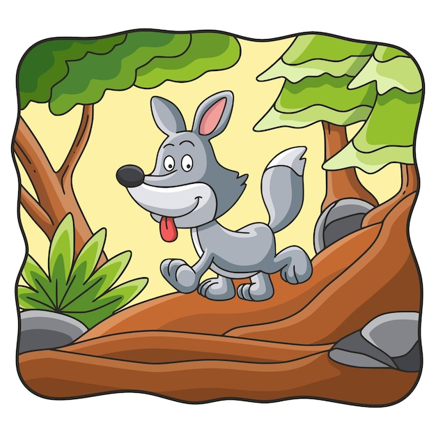 Cartoon illustration wolf walking in the forest