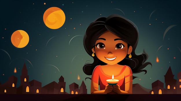 Vector a cartoon illustration of a woman holding a candle with the moon in the background