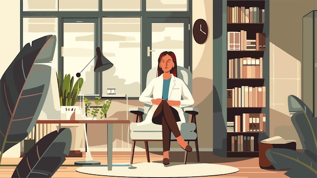 Vector a cartoon illustration of a woman sitting in a chair in a room with a bookcase and a lamp