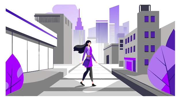 Vector a cartoon illustration of a woman walking down a street with a cell phone in the background