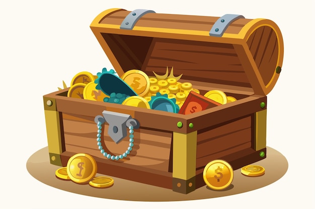 Vector a cartoon illustration of a wooden chest with gold coins and a key chain