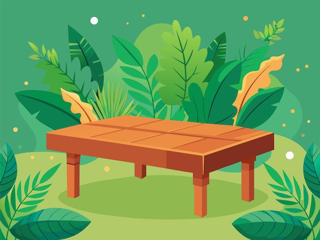 a cartoon illustration of a wooden platform with plants and trees in the background