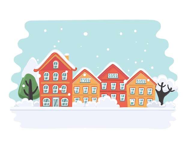 cartoon illustration of xmas card with a beautiful snowy houses and trees