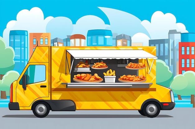 Vector a cartoon illustration of a yellow food truck with food on the side