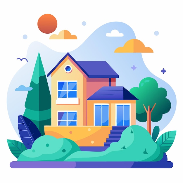 Vector a cartoon illustration of a yellow twostory house with a purple roof and blue windows surrounded by trees and shrubs