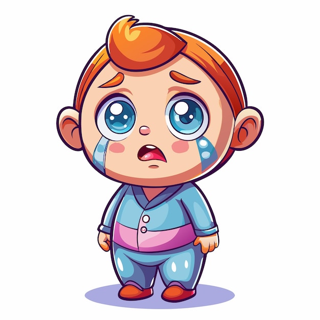 Vector cartoon illustration of a young boy with red hair and blue eyes crying