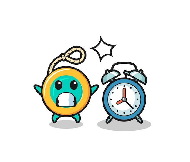 Cartoon Illustration of yoyo is surprised with a giant alarm clock