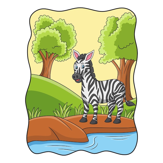 Cartoon illustration zebra is walking foraging by the river