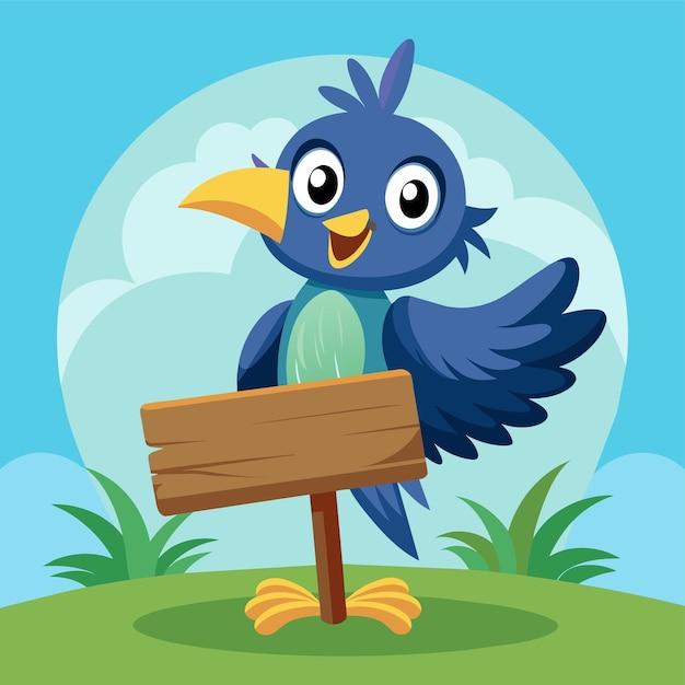 a cartoon image of a blue bird with a wooden sign that says  the word  on it