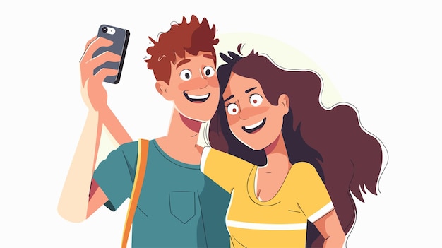 Vector a cartoon image of a boy and a girl taking a picture with a cell phone