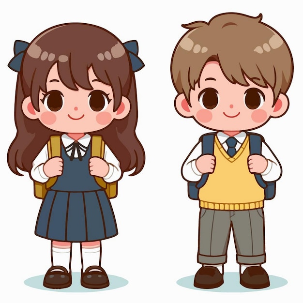 a cartoon image of a boy and a girl with their school uniforms