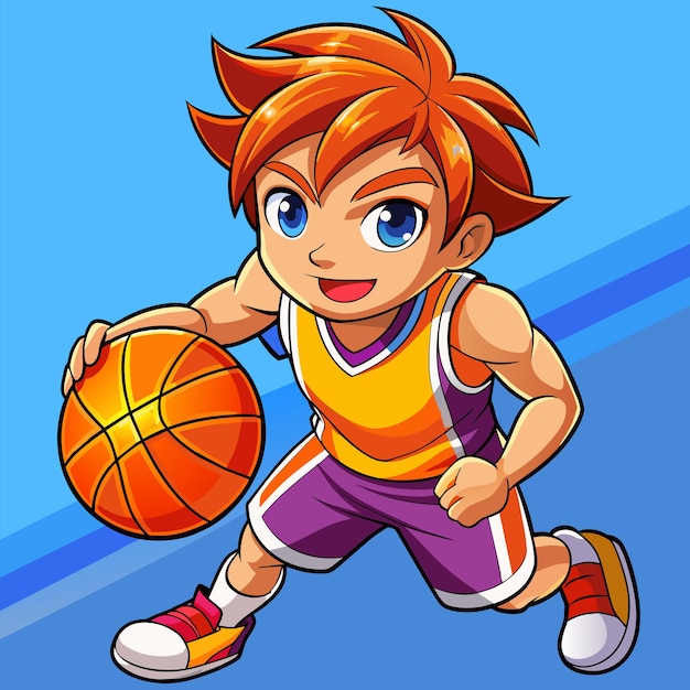 a cartoon image of a boy playing basketball with an orange shirt on