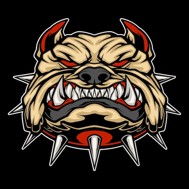 A cartoon image of a bulldog head with a red collar and red eyes.