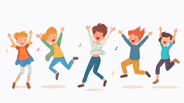 Vector a cartoon image of children jumping in a circle with their arms up