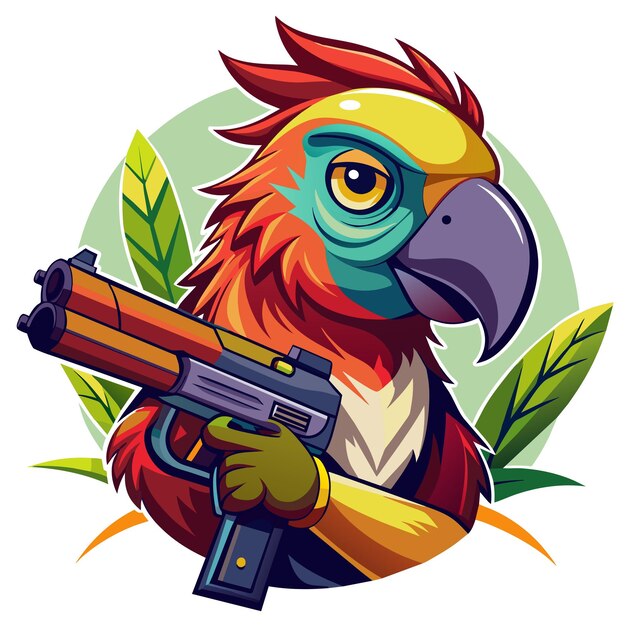 Vector a cartoon image of a colorful parrot holding a gun