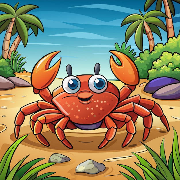 Vector a cartoon image of a crab with palm trees in the background