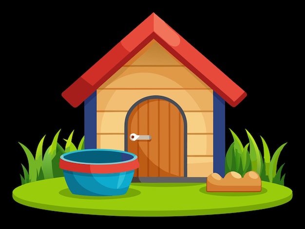 a cartoon image of a dog house with a dogs head and a blue tub with a red roof