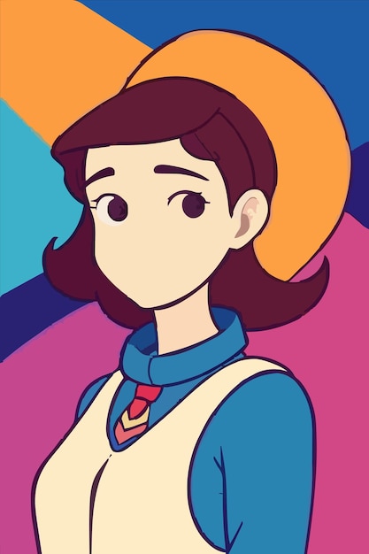 a cartoon image of a girl with a blue shirt on and a colorful background