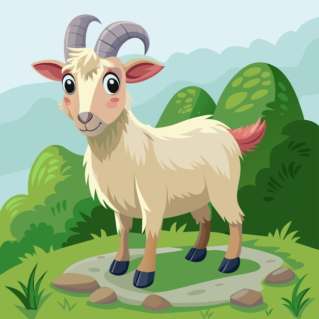 Vector a cartoon image of a goat with horns and a mountain background