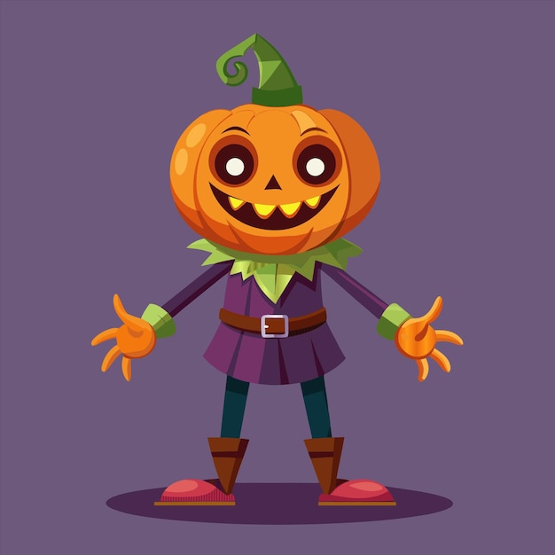 Vector a cartoon image of a halloween pumpkin with a green hat and a purple shirt with a green ribbon on it