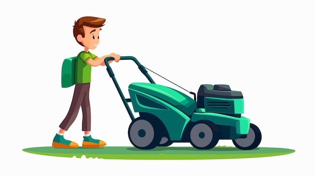 Vector a cartoon image of a man using a mower with a green back pack