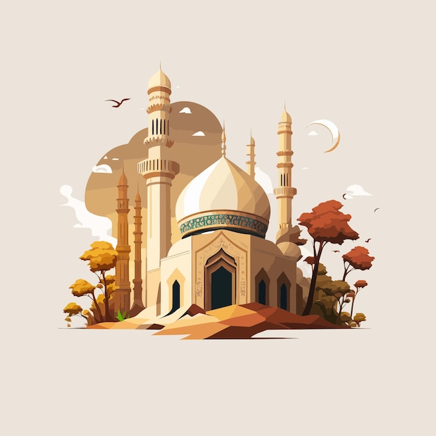 A cartoon image of a mosque with a blue roof and the words the word on the top