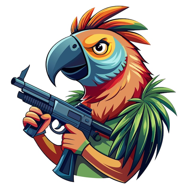 Vector a cartoon image of a parrot holding a gun