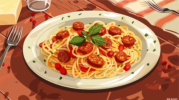 Vector a cartoon image of a plate of spaghetti with tomatoes and tomatoes