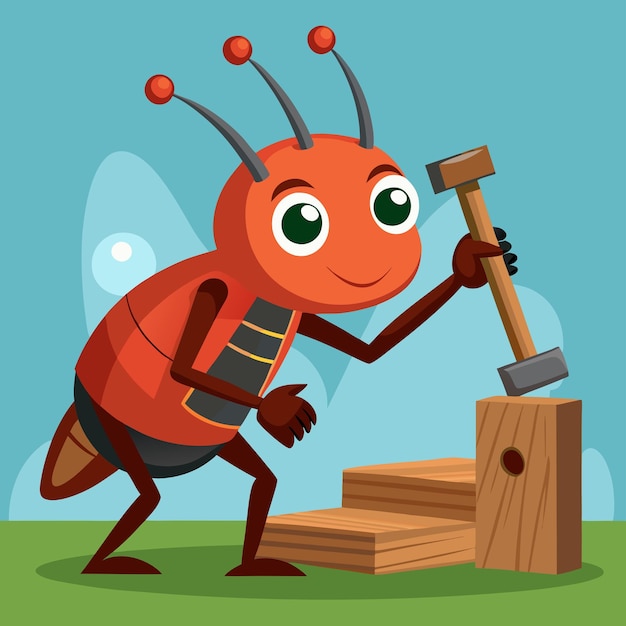 a cartoon image of a red bug with a hammer and a wooden block