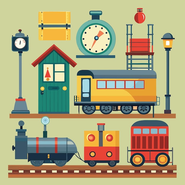 Vector a cartoon image of a train station with three train cars a clock a lantern a red box on a stand and a small green building with a red triangle in the window