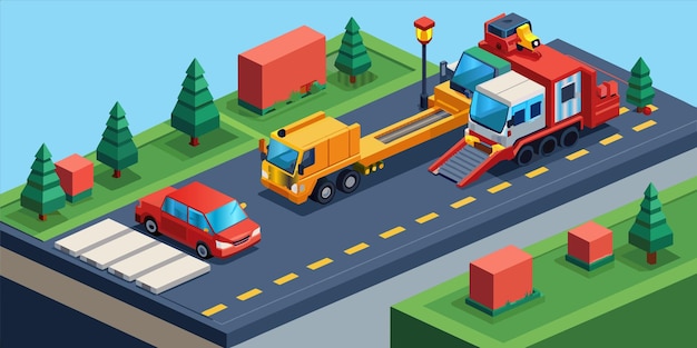 a cartoon image of a truck and a truck with a crane on the side