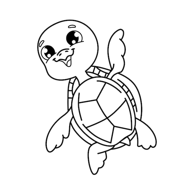 Vector cartoon image of a turtle black and white style linear graphics character for coloring book