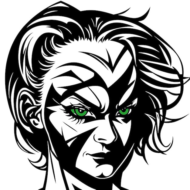 A cartoon image of a woman with green eyes and a black and white face.