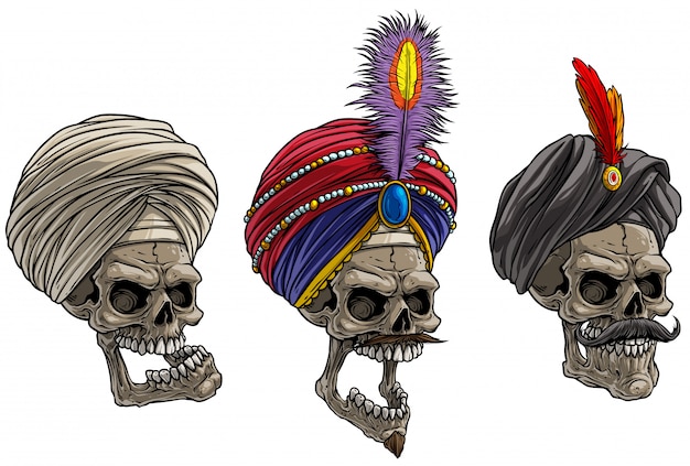 Cartoon indian skulls in traditional turban