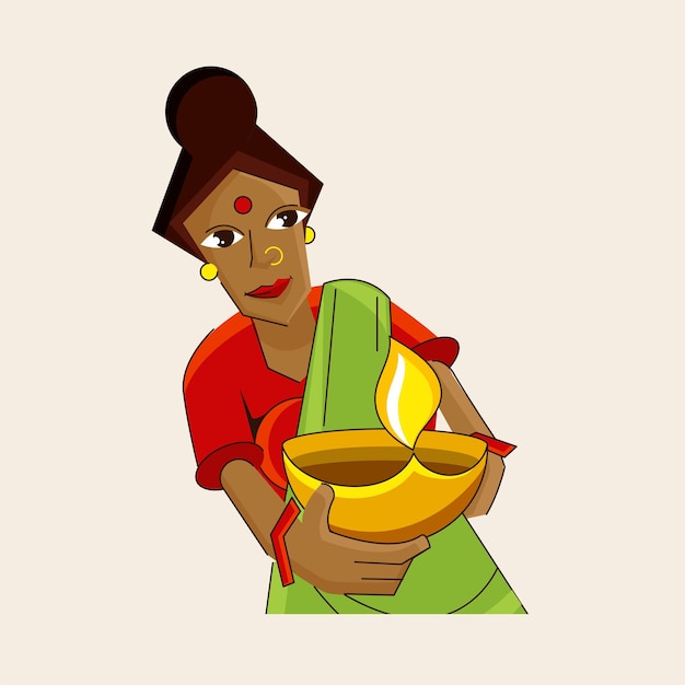 Cartoon Indian Woman Holding Illuminated Oil Lamp Diya On Beige Background