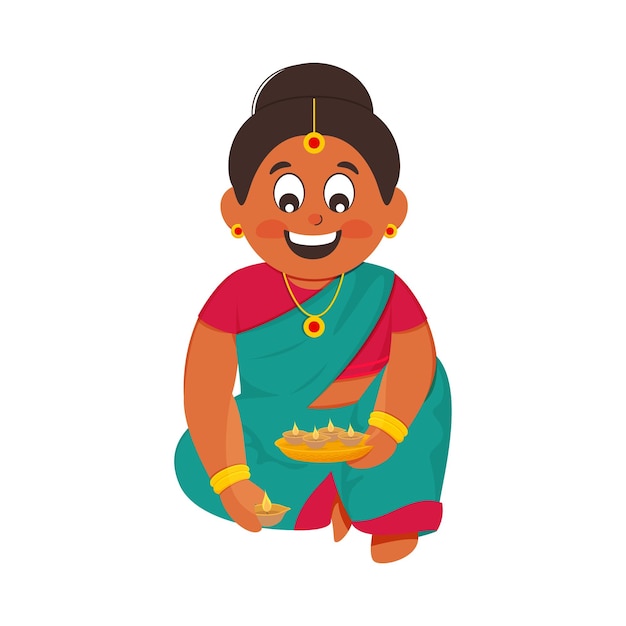 Cartoon Indian Woman Holding Plate Of Lit Oil Lamps Diya On White Background