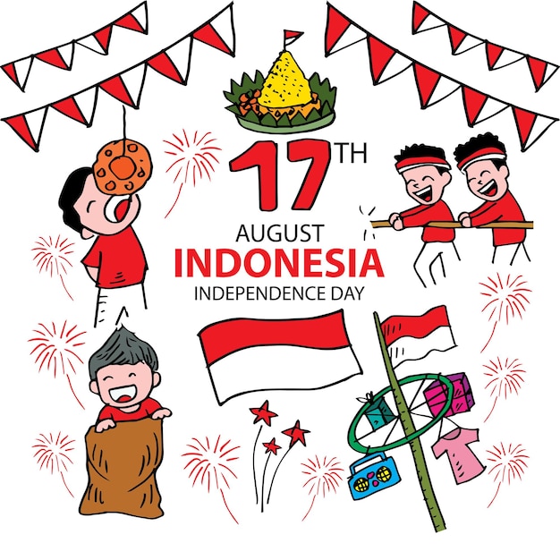 Cartoon Indonesia traditional games during independence day 17 August