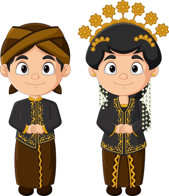 Cartoon Indonesian couple wearing Javanese traditional clothes