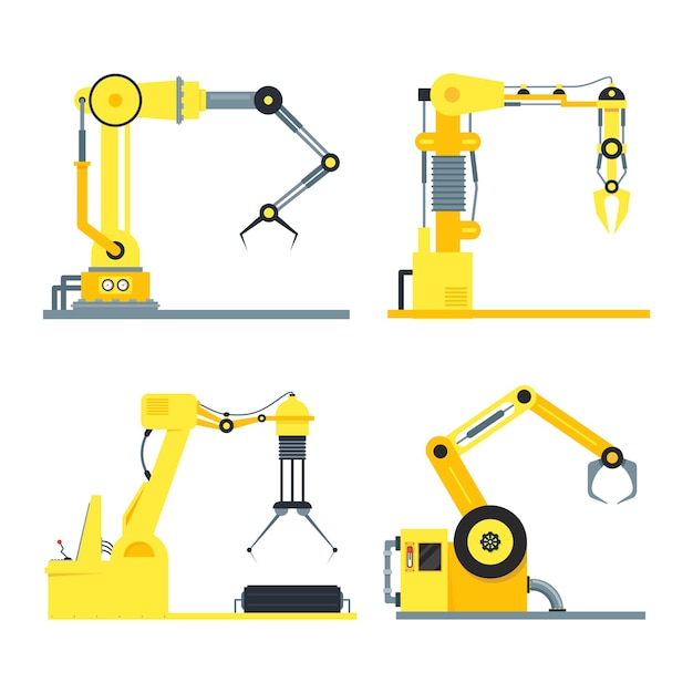 Cartoon Industrial Technology Robotic Arms Set Machine Hand Flat Design Style Vector illustration