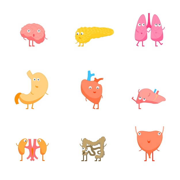 Cartoon Internal Organs Funny Emotions Set Vector