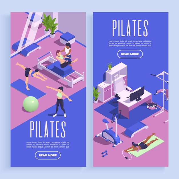 Cartoon isometric pilates practice banner template collection