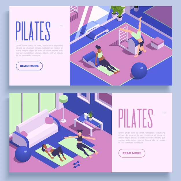 Cartoon isometric pilates practice banner template collection