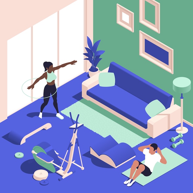 Cartoon isometric pilates practice illustration